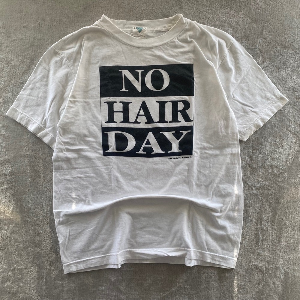 Vintage 1988 Lunatic Fringe No Hair Day T-Shirt White Large Single Stitch Champ